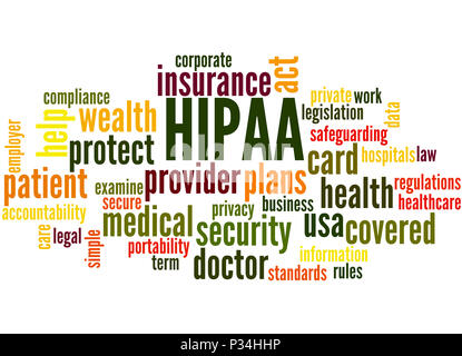 HIPAA, Word cloud Konzept auf weißem Hintergrund. Stockfoto