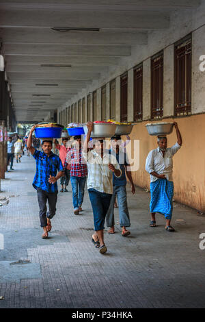 MUMBAI, INDIEN - Januar 29, 2017: unbekannter Mann carryng Gewicht auf seinem Kopf - ein Eimer voller frischer Fisch Stockfoto