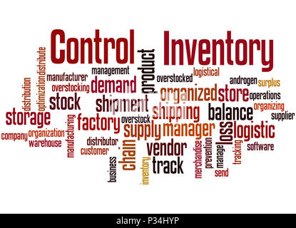 Inventory Control, Word cloud Konzept auf weißem Hintergrund. Stockfoto