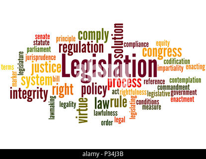 Rechtsvorschriften, Word cloud Konzept auf weißem Hintergrund. Stockfoto
