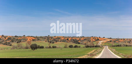 Panorama von einer schmalen Straße in Castilla y Leon in der Nähe von Ayllon, Spanien Stockfoto