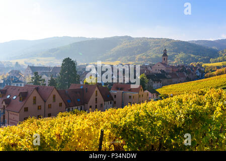 Schönen Herbst Landschaft mit Weinbergen, in der Nähe des historischen Dorf Riquewihr, Elsass, Frankreich - Europa. Bunte Reise- und Weinbereitung Hintergrund. Stockfoto