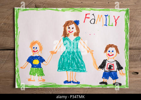 Kinder- zeichnung der Familie alleinerziehende Mutter und zwei Söhne. Unvollständige Familie Konzept. Stockfoto