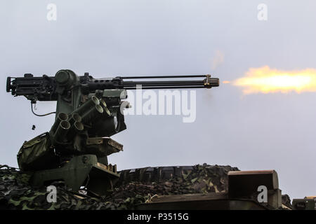 Ein 50-cal M2 machine gun Brände von der Oberseite der Tryker ein Zwischenbericht der gepanzerten Fahrzeug" mit der 1. Staffel, 2. Kavallerie Regiments, während eine multinationale Schulungsveranstaltung für übung Puma 2 mit Battle Group Polen Bemowo Piskie, Polen am 14. Juni 2018 im Rahmen der Sabre Streik 18. Die diesjährige Übung, die läuft von Juni 3-15, tests Verbündete und Partner aus 19 Ländern auf ihrer Fähigkeit, arbeiten zusammen, um die Aggression in der Region zu verhindern und die Fähigkeit der einzelnen Einheit ihre benannten Mission durchführen zu verbessern. (U.S. Armee Foto von SPC. Hubert D. Delany III/22 Mobile Public Affairs Detachm Stockfoto