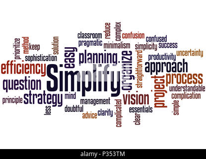 Vereinfachen, Word cloud Konzept auf weißem Hintergrund. Stockfoto