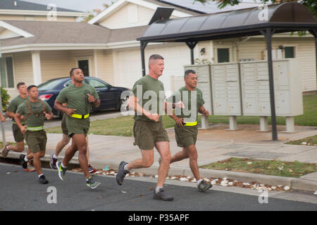 Us Marine Corps Oberstleutnant Benjamin Harrison, kommandierender Offizier, 1.Bataillon, 12 Marine Regiment (1 Mrd. Euro. 12 Marines) und Sgt. Maj. José Romero, Sergeant Major, 1 Mrd., 12 Marines personal Unteroffiziere und Offiziere des Bataillons bei einem morgendlichen Lauf führen, Marine Corps Base Hawaii, 14. Juni 2018. Oberstleutnant Harrison lief mit der Führung des Bataillons für die letzte Zeit, bevor er sein Kommando am 15. Juni 2018 verzichtet. (U.S. Marine Corps Foto von Sgt. Zachary Orr) Stockfoto