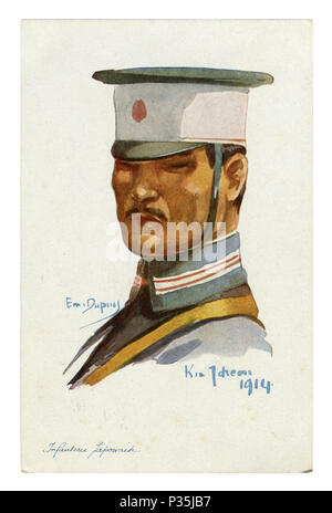 Französisch Historische Postkarte: Porträt eines japanischen Infanterist in Uniform und Kappe mit dem Symbol Japans, aufgehende Sonne. Erster Weltkrieg 1914-1918 Stockfoto