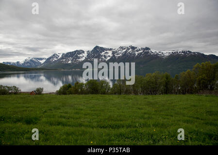 Lyngen Alpen ist ein Gebirge in der Provinz Troms im nördlichen Norwegen erstreckt sich 90 Kilometer entlang Lyngen Halbinsel. Lyngen-Alpen Sindh ein 90 Ki Sterben Stockfoto