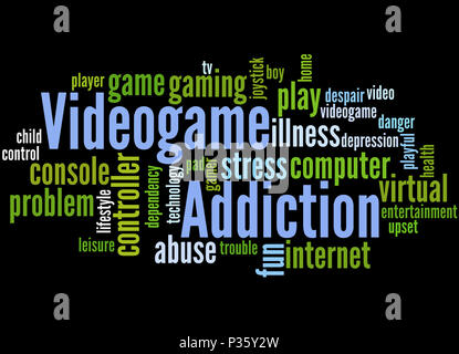 Videospiel sucht, Word cloud Konzept auf schwarzem Hintergrund. Stockfoto