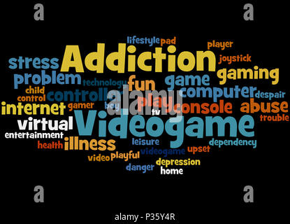 Videospiel sucht, Word cloud Konzept auf schwarzem Hintergrund. Stockfoto