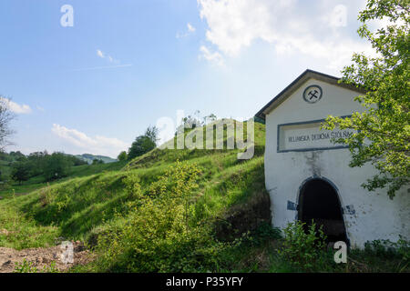 Banska Bela (Dilln): alte Eingang zu einer Mine, yalley von stream Jasenica, Stiavnica Berge (Stiavnicke vrchy) in der Slowakei, Stockfoto