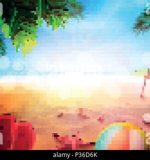 Vektor Illustration realistische Strand. Sommer und Sonne, Meer. Satz, Kugel, Seesterne, Shell, Palme, Strand Hausschuhe. Kunst für Banner, Flyer, Plakat, Plakate, Präsentationen, Berichte und Poster Stock Vektor