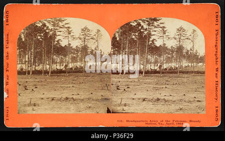 . Englisch: Hauptsitz Armee des Potomac, Brandy Station, Virginia, April, 1864. Englisch: Stereograph zeigt Zeilen von Zelten zwischen Bäumen in der östlichen Hälfte des Camp gelegen. April 1864 2 Sitz Armee des Potomac, Brandy Station, Virginia, April, 1864 Stockfoto