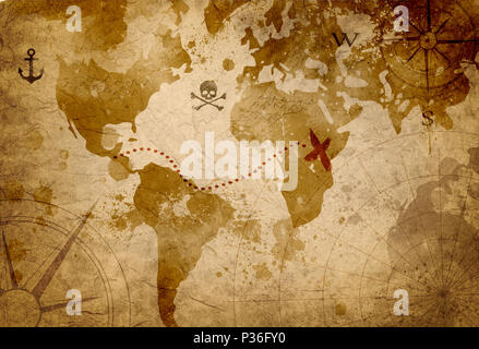 Weltkarte auf alte Pergament Stockfoto