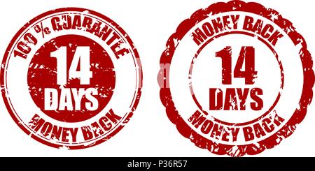 Geld-zurück-Garantie 14 Tage Stempel. 14 Tagen zurückzuzahlen, risikofreie Erstattung, Geld Abbildung zurück Stock Vektor