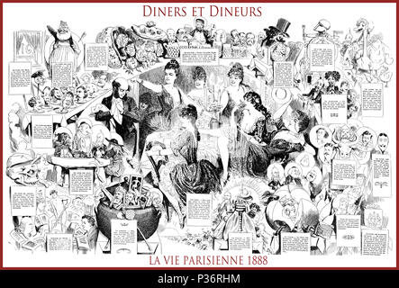 Französische satirische Zeitschrift La vie parisienne 1888, zentrale Seite: Diners et dineurs (Abendessen und Diners) Humor, Karikaturen, Porträts Stockfoto