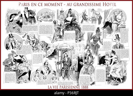Französische satirische Zeitschrift La vie parisienne 1888, zentrale Seite: Paris en ce Moment-au grandissime Hotel (Paris jetzt bei dem Grand hotel), dating Mode, Liebe, Humor, Karikaturen, Porträts Stockfoto