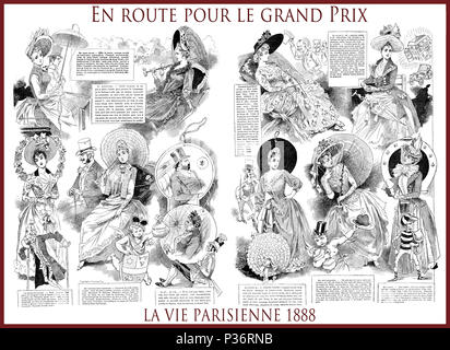 Französische satirische Zeitschrift La vie parisienne 1888, zentrale Seite: En route pour le Grand Prix (auf dem Weg von Grand Prix) Damen, mode, Event, Humor, Karikaturen, Porträts Stockfoto