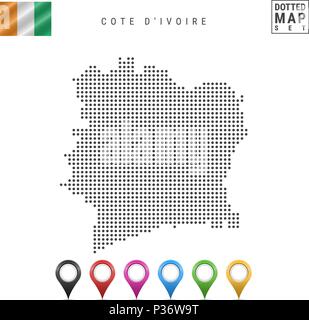 Vektor gepunktete Karte von Cote D'Ivoire. Einfache Silhouette von Côte d'Ivoire. Flagge von Cote D'Ivoire. Mehrfarbige Karte Markierungen Stock Vektor