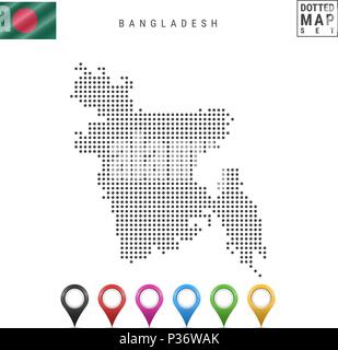 Vektor gepunktete Karte von Bangladesch. Einfache Silhouette von Bangladesch. Flagge von Bangladesch. Eingestellt von bunten Karte Markierungen Stock Vektor