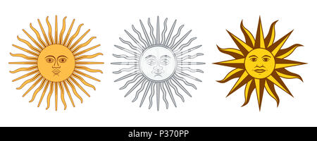 Sun Mai Variationen. Spanisch Sol de Mayo, hoheitszeichen von Uruguay und Argentinien. Strahlende, silberne oder goldene gelbe Sonne mit menschlichem Gesicht. Stockfoto