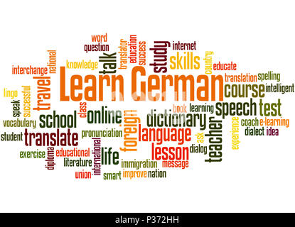 Deutsch lernen, Word cloud Konzept auf weißem Hintergrund. Stockfoto