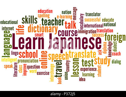 Japanisch lernen, Word cloud Konzept auf weißem Hintergrund. Stockfoto