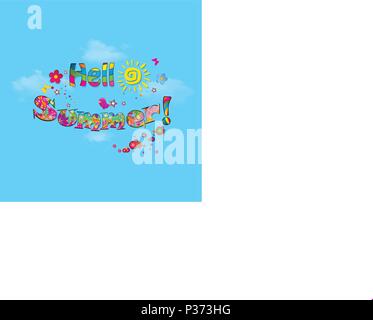 Hallo Sommer cartoon Schrift Typografie mit niedlichen Elemente wie Sonne, Vögel, helle florale Muster auf blauen Himmel bewölkt Hintergrund isoliert. Kalligraphie Stock Vektor