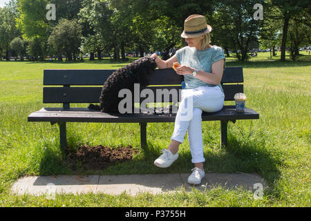 Eine Frau teilt ihr Croissant mit ihrem Hund auf einer Parkbank und genießen Sie einen Kaffee Stockfoto