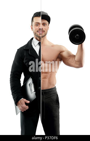 Vergleich der Geschäftsmann und der Bodybuilder outlook. Fitnesstrainer Holding schwere Hantel, tragende schwarze Hose. Unternehmer tragen im klassischen Anzug mit weißem Hemd, schwarzer Krawatte, schwarz Ordner. Stockfoto