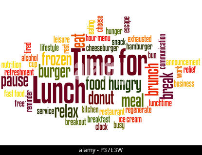 Zeit zum Mittagessen, Word cloud Konzept auf weißem Hintergrund. Stockfoto