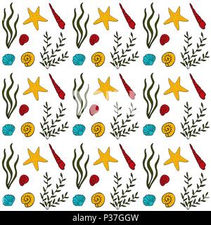 Nahtlose Muster mit Muscheln, Algen und Seesternen. Marine Hintergrund Stock Vektor