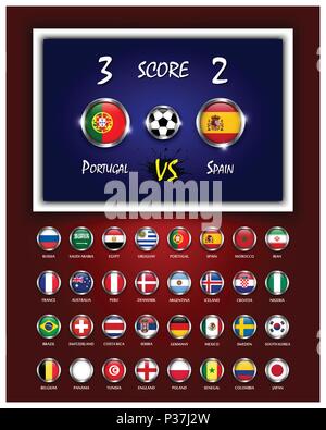 Scoreboard für Fußballspiel und Circle design Nationalflaggen mit Metallrahmen auf roten und blauen Farbverlauf Hintergrund. Vektor für internationale nicht Stock Vektor
