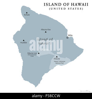 Insel von Hawaii, grau gefärbte politische Karte. Größte Insel im US-Bundesstaat Hawaii im North Pacific Ocean. Big Island, Big I, Hawaii Insel. Stockfoto