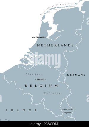 Benelux, grau gefärbte politische Karte. Belgien, Niederlande und Luxemburg. Benelux Union, eine geographische, wirtschaftliche und kulturelle Gruppe. Stockfoto