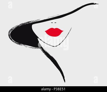 Ein stilvolles Porträt von einem Mädchen, dessen Augen mit einem Hut bedeckt sind. Vector Illustration in 3 Farben Rot, Schwarz, Weiß. Stock Vektor