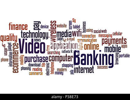 Video banking, Word cloud Konzept auf weißem Hintergrund. Stockfoto