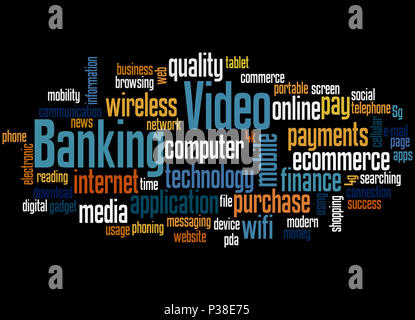 Video banking, Word cloud Konzept auf schwarzem Hintergrund. Stockfoto