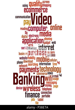 Video banking, Word cloud Konzept auf weißem Hintergrund. Stockfoto