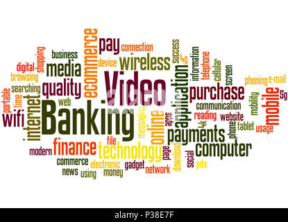 Video banking, Word cloud Konzept auf weißem Hintergrund. Stockfoto