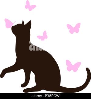 Silhouette einer Katze mit rosa Schmetterlingen. Vector Illustration. Auf einem weißen Hintergrund. Stock Vektor