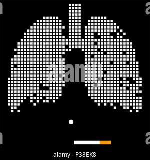 Zerstörung der Lunge unter dem Einfluss von Zigaretten. Vektorielle Abbildung. Weiß karierten Lungen auf schwarzem Hintergrund. Stock Vektor