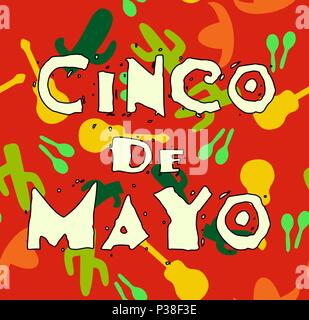 Cinco de Mayo. Vektor Karte. Eine Inschrift auf einem hellen nahtlose Muster. Stock Vektor