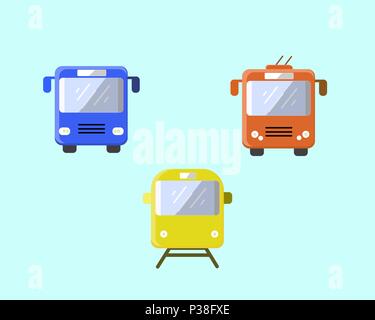 Öffentliche Verkehrsmittel: Busse, Oberleitungsbusse und Straßenbahnen. Vector Illustration. Set Transport auf einem hellen Hintergrund. Stock Vektor