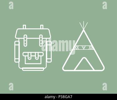 Set für Tourismus mit Rucksack und Zelt. Vector Illustration. Stock Vektor