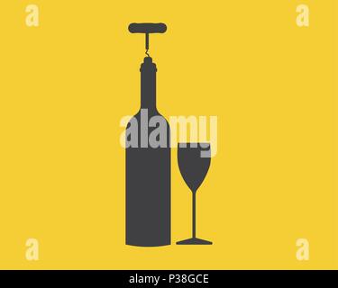 Flasche Wein mit einem Glas. Einfachen vektor Illustration. Silhouetten von einer Flasche Wein und einem Glas auf einem gelben Hintergrund. Stock Vektor