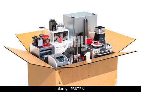 Paket mit Haushalts- und Küchengeräte, Lieferung Konzept. 3D-Rendering Stockfoto
