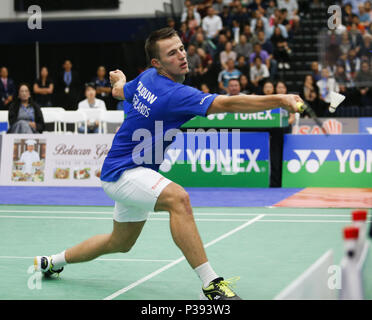 Los Angeles, Kalifornien, USA. 17 Juni, 2018. Markieren Caljouw von Holland, konkurriert mit Lee Dong Keun von Korea, während die Men's singles Finale von den US Open Badminton Championships in Fullerton, Kalifornien, am 17. Juni 2018. Lee gewann 2-1. Credit: Ringo Chiu/ZUMA Draht/Alamy leben Nachrichten Stockfoto