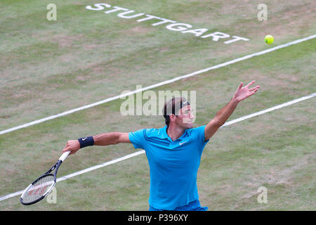 Stuttgart, Deutschland. 16 Juni, 2018. Stuttgart, 11. -17. Juni 2018: Mercedes Cup - Stuttgart - 2018 Roger Federer (SUI) vs Nick Kyrgios (AUS) // Roger Federer (SUI) handeln. Einzelnes Bild | Verwendung der weltweiten Kredit: dpa/Alamy leben Nachrichten Stockfoto