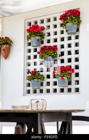 Typische whit andalusischen Patio mit Geranie Töpfen dekoriert. Cordoba, Spanien Stockfoto